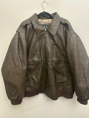 Vintage KS Brown Genuine Leather Bomber Jacket XL Oversized Map Lined 90s Grunge